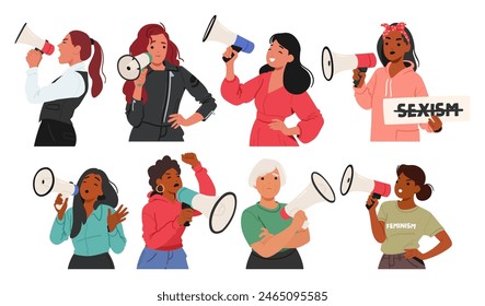 Mujeres Diversas Usando Megáfonos Y Sosteniendo Carteles De Protesta. Personajes Femeninos Jóvenes Y Mayores Abogan Por La Igualdad De Género, Expresando Activismo Y Empoderamiento De Los Jóvenes. Ilustración vectorial de Personas de dibujos animados