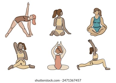 Diverse women in yoga poses collection. Boho style. Contour vector composition isolated on white background. Hand drawn single line icons of female body doing yoga exercises