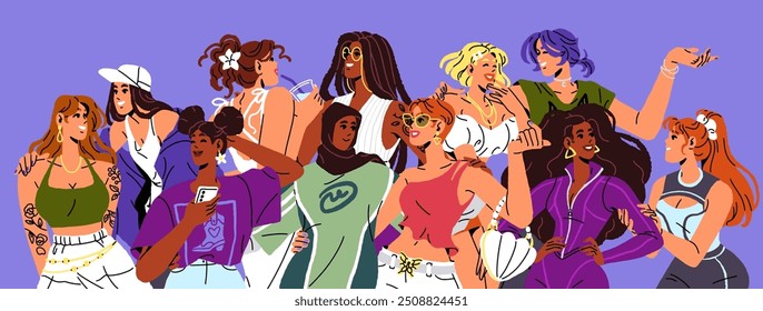 Diverse women's group. Happy fashion girls have fun, talk, hug together. International friends love each other. Sisterhood power. World empowerment, equality, feminism. Flat vector illustration