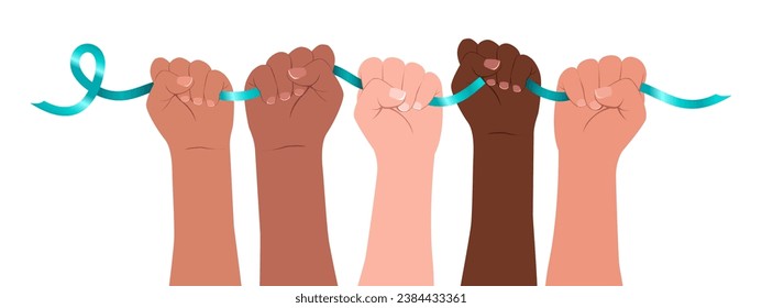 Diverse women`s hands hold a teal ribbon. Modern flat vector illustration.  Awareness for cervical cancer, Ovarian Cancer, and Polycystic Ovary Syndrome (PCOS).