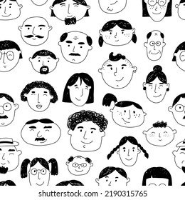 Diverse women's and men's heads seamless pattern. Black and white background with faces. Hand drawn line art. Perfect for textil