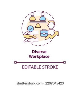 Diverse Workplace Concept Icon. Team Diversity. Equal Employment Opportunity Abstract Idea Thin Line Illustration. Isolated Outline Drawing. Editable Stroke. Arial, Myriad Pro-Bold Fonts Used