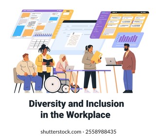 Diverse workplace team collaboration with technology digital devices charts and documents office environment inclusive teamwork modern business template