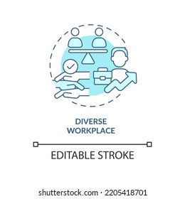 Diverse Workplace Turquoise Concept Icon. Diversity Teamwork. Equal At Career Abstract Idea Thin Line Illustration. Isolated Outline Drawing. Editable Stroke. Arial, Myriad Pro-Bold Fonts Used