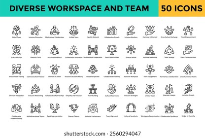 Diverse workspace and team icon set with global team, inclusive discussion, multicultural collaboration, unified team, equality network, collaborative growth icon. Simple line vector 

