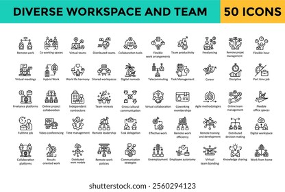 Diverse workspace and team icon set with distributed teams, collaboration tools, flexible work arrangements, team productivity, freelancing, remote project management icon. Simple line vector 
