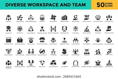 Diverse workspace and team icon set with global team, inclusive discussion, multicultural collaboration, unified team, equality network, collaborative growth icon. Simple glyph vector 
