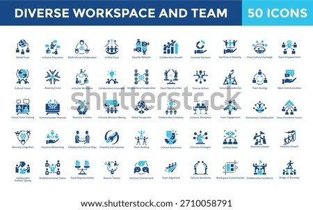 Diverse workspace and team icon set with global team, inclusive discussion, multicultural collaboration, unified team, equality network, collaborative growth icon. Simple flat vector 
