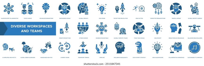 Diverse Workspaces And Teams icon. Kaleidoscope Collaboration, Voice Chorus, Boundless Brainstorm, Empowered Mosaic and Global Growth