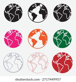 Diverse world map globe icons, earth planet symbols collection