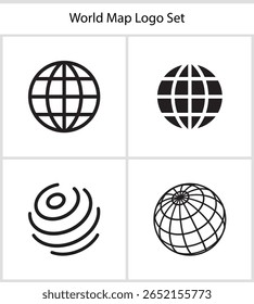 Coleção de logotipos de mapas mundiais diversificados apresentando ícones globo e órbita para a marca comercial global e representação tecnológica