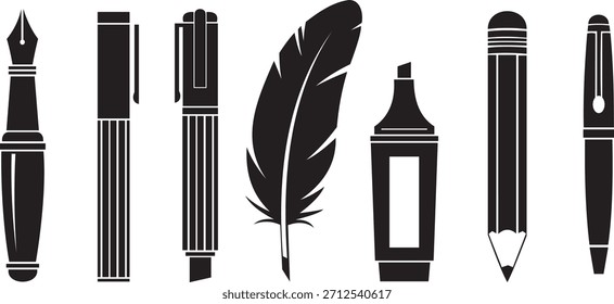 Conjunto de siluetas de instrumentos de escritura diversos, que incluyen pluma estilográfica, marcador, delineador fino, pluma, resaltador, lápiz y bolígrafo