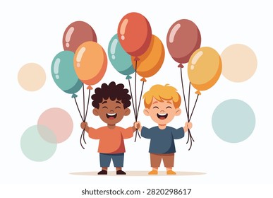 Diverse young boys holding hands and carrying a colorful bunch of balloons during a fun outdoor birthday party.