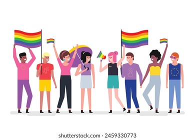 Diverse young friends celebrating pride festival. LGBTQ community concept. Modern vector illustration