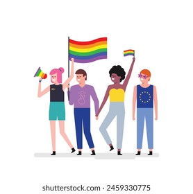 Diverse young friends celebrating pride festival. LGBTQ community concept. Modern vector illustration
