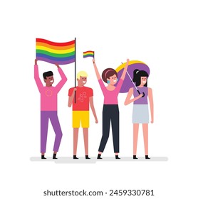Diverse young friends celebrating pride festival. LGBTQ community concept. Modern vector illustration