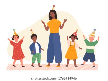 Diverse young kids with party hats in kindergarten with a woman teacher having fun together celebrating, colored vector illustration