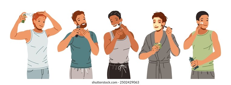 Diverse young men grooming routine flat color vector icon set. Masculinity pampering. Guys taking care of skin and hair illustration pack on white