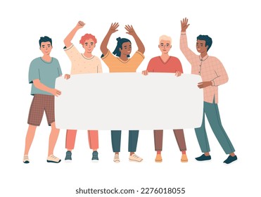 Diverse young men holding banner template. Welcome, team greeting concept. Male peaceful demonstration of human rights. Activists at the protest. Isolated flat vector illustration