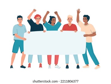 Diverse young men holding placard on demonstration. Angry males on picket or strike. Activists guys, students, peaceful rights protest concept, manifestation. Isolated flat vector illustration