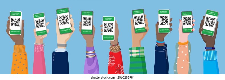 Diverse young men`s and women`s hands holding smartphones with QR code on screen. Concept of digital healthy passport, European Green Pass app, Certificate of vaccination. Vector illustration, banner