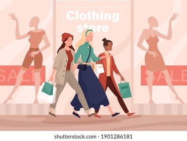 Diverse young multiracial girls shopping together. Modern women walking near fashion outlet or boutique and holding bags with purchases. Seasonal sale, discounts. Flat cartoon vector illustration