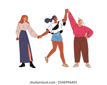 Diverse young and old women hold hands, rejoice, celebrate Womens day together. Happy feminists have fun. Concept of sisterhood, feminism and girl power. Flat isolated vector illustration on white