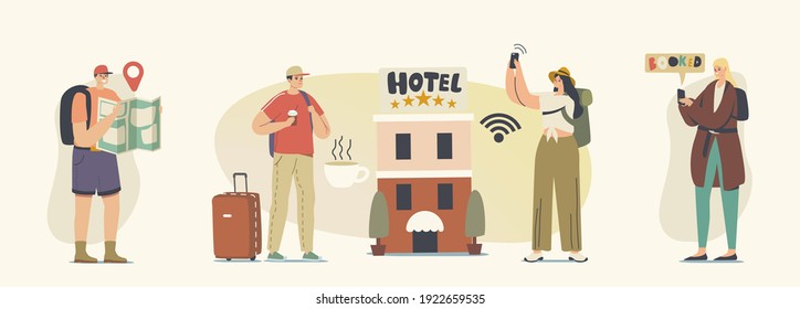 Diverse Young People Check in Five Stars Hotel. Male and Female Tourist Characters Move into Motel for Staying at Night, Luxury Accommodation for Travelers, Guesthouse. Cartoon Vector Illustration