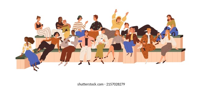 Diverse young people gathering for communication, relaxing outdoors. Modern community, group of friends, couples together, sitting on benches. Flat vector illustration isolated on white background