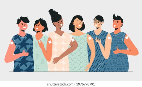 Diverse young people group after getting vaccine. Teens vaccination scene. Children vaccination for health immunity.  Multicultural kids flat vector cartoon illustration. Prevention and immunize