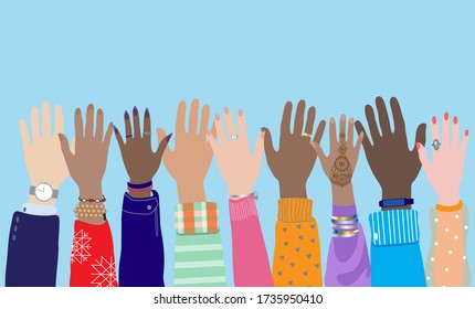 Diverse young people hands, male,  female, multicultural group, multi ethnic team, cultural diversity concept. Men, women raise arms, celebration, friendship, vote. Flat vector isolated on background.