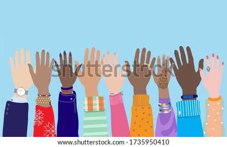 Diverse young people hands, male,  female, multicultural group, multi ethnic team, cultural diversity concept. Men, women raise arms, celebration, friendship, vote. Flat vector isolated on background.