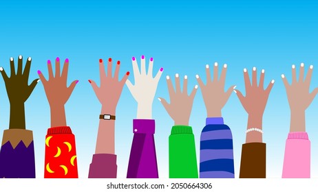 Diverse young people hands on isolated background. Teenager hand group with raised arm for celebration or friend community concept. Flat cartoon illustration of men and women arms.