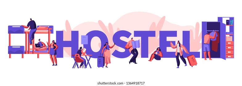 Diverse Young People Living in Hostel. Male and Female Tourist Characters Move into Motel for Staying at Night, Cheap Accommodation for Students or Travelers. Cartoon Flat Vector Illustration, Poster