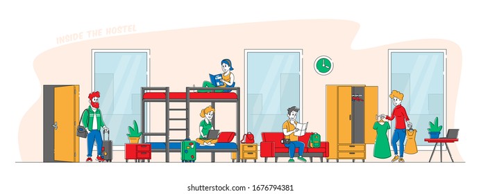 Diverse Young People Living in Hostel. Male and Female Tourist Characters Move into Motel for Staying at Night, Cheap Accommodation for Students or Travelers, Guesthouse. Linear Vector Illustration