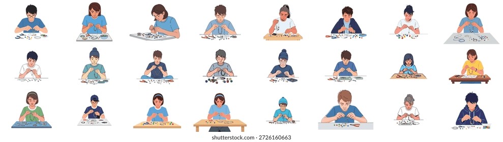 Jovens diversificados que fazem joias frisadas: Coleção de ilustrações vetoriais que mostram crianças e adolescentes que criam acessórios DIY, passatempo e criatividade.
