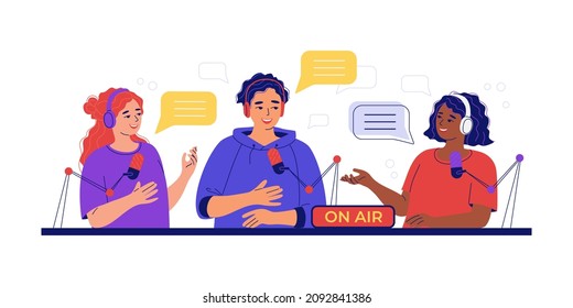 Diverse Young People Record A Podcast, Vlog, Online Show. Live Interview, Broadcast Concept. Women And Man Of Different Nationalities In Headphones Talking In Studio. Isolated Flat Vector Illustration