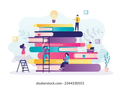 Diversos jóvenes buscan conocimiento e ideas innovadoras. Conocimiento, proceso de aprendizaje. Estudiantes inteligentes trepan los libros de texto de las escaleras para apuntar y los objetivos. lectura de libros en el concepto de educación académica. vector