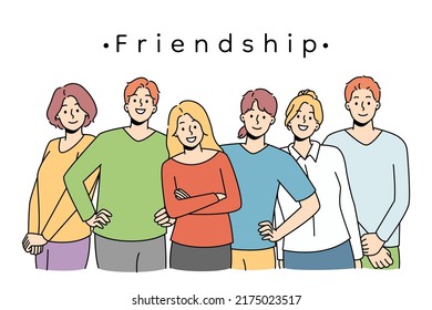 Diverse young people standing together showing friendship and support. Multiethnic youth group togetherness. Teamwork and cooperation. Vector illustration. 