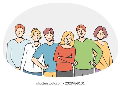 Diverse young people standing together showing friendship and support. Multiethnic youth group togetherness. Teamwork and cooperation. Vector illustration.