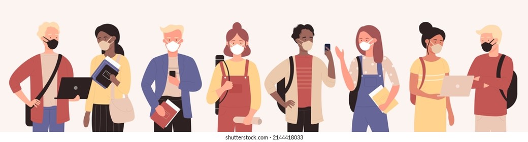 Diverse Young Students Of College Or University Wearing Face Masks Set Vector Illustration. Cartoon International Team Of Teenagers Standing With Mobile Phones Isolated On White. Education Concept