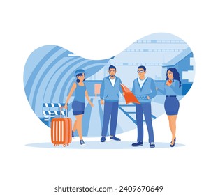 Diverse young tourists use maps and gather on the train station platform. Take a tourist trip by train. Tourist Guide concept. Trend Modern vector flat illustration
