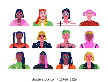 Diverse young woman character portrait collection, colorful 90s style flat cartoon bundle on isolated background. Modern girl avatar set includes feminist people, fashion girls, funny gestures.