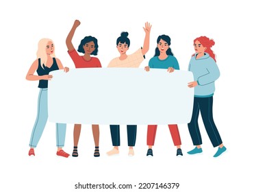 Diverse young women holding placard on demonstration. Angry females on picket or strike. Activists girls, students, peaceful rights protest concept, manifestation. Isolated flat vector illustration