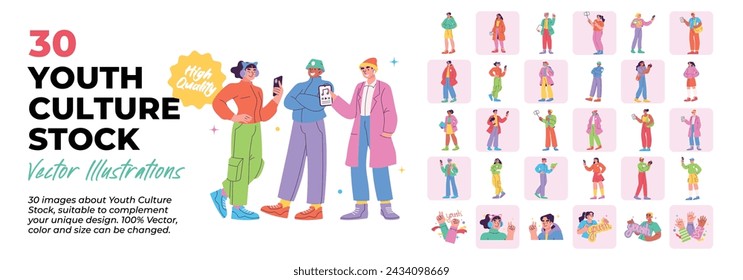 Diverse Youth Culture Illustration. Great Bundle. Collection of men and women carrying out activities for young people in the modern era. Vector illustrations.