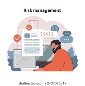 Diversification in action. A focused expert analyzes varied financial portfolios on his digital workspace. Highlighting investment strategies and asset distribution. Flat vector illustration.