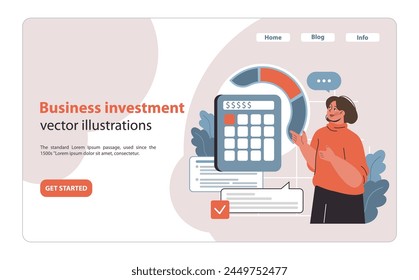 Diversification in business ventures. An astute investor evaluates prospects on a financial dashboard, expanding her business interests. Embracing varied enterprise opportunities. vector illustration.