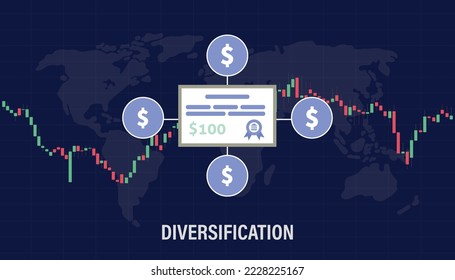 concepto de diversificación para la negociación en el mercado de valores que asigna activos de inversión monetaria a un estilo moderno y plano