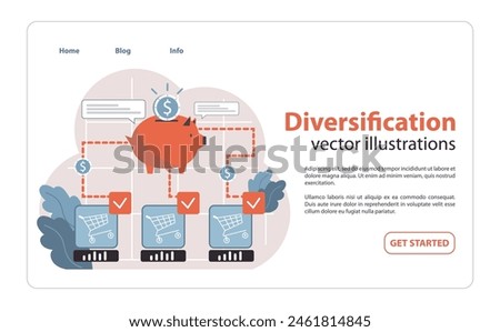 Diversification concept visualized by a piggy bank centralized among diverse investments. As the financial hub, it collects from varied sources ensuring growth and financial stability. Flat vector