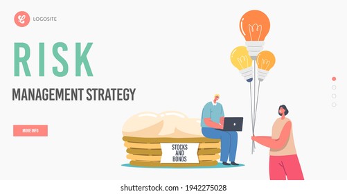 Diversification, Financial Risk Management Strategy Landing Page Template. Tiny Male Character with Laptop Sit on Huge Basket with Eggs, Woman with Bunch of Light Bulbs. Cartoon Vector Illustration